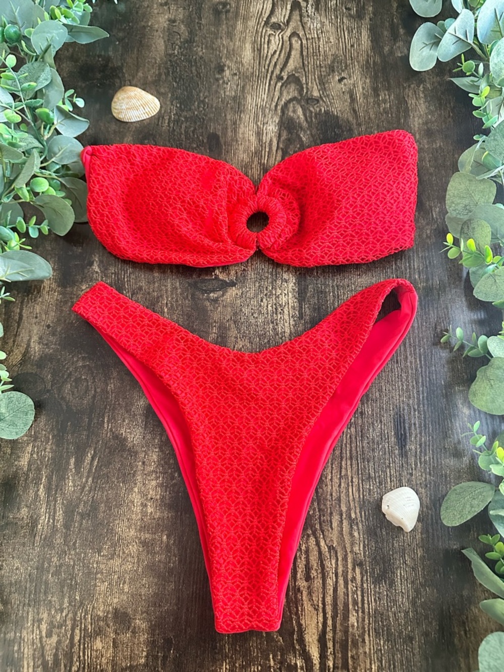 Red Textured Bandeau Bikini Set with Ring Detail